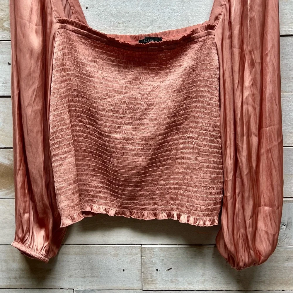 J Crew Top Womens XL Pink Satin Square Neck Smocked Puff‎ Sleeve Crop Boho